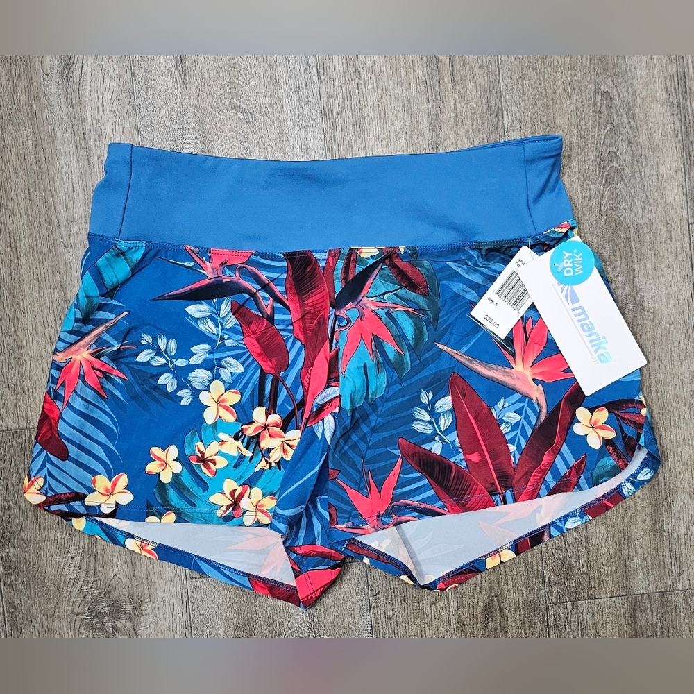 Marika Blue Tropical Print Women's Athletic Shorts